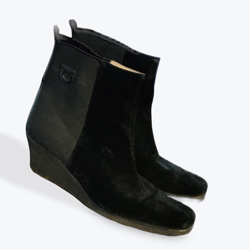 Salvatore Ferragamo Italian Black Suede Gancini Wedge Ankle Boots Square Toe 8.5